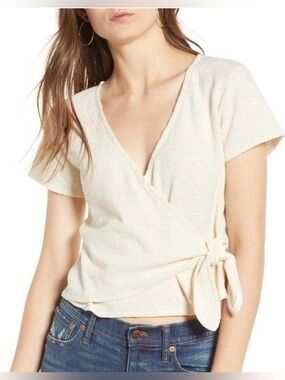 Madewell Texture & Thread Cropped Wrap Tie Blouse Cream Cotton Size Medium